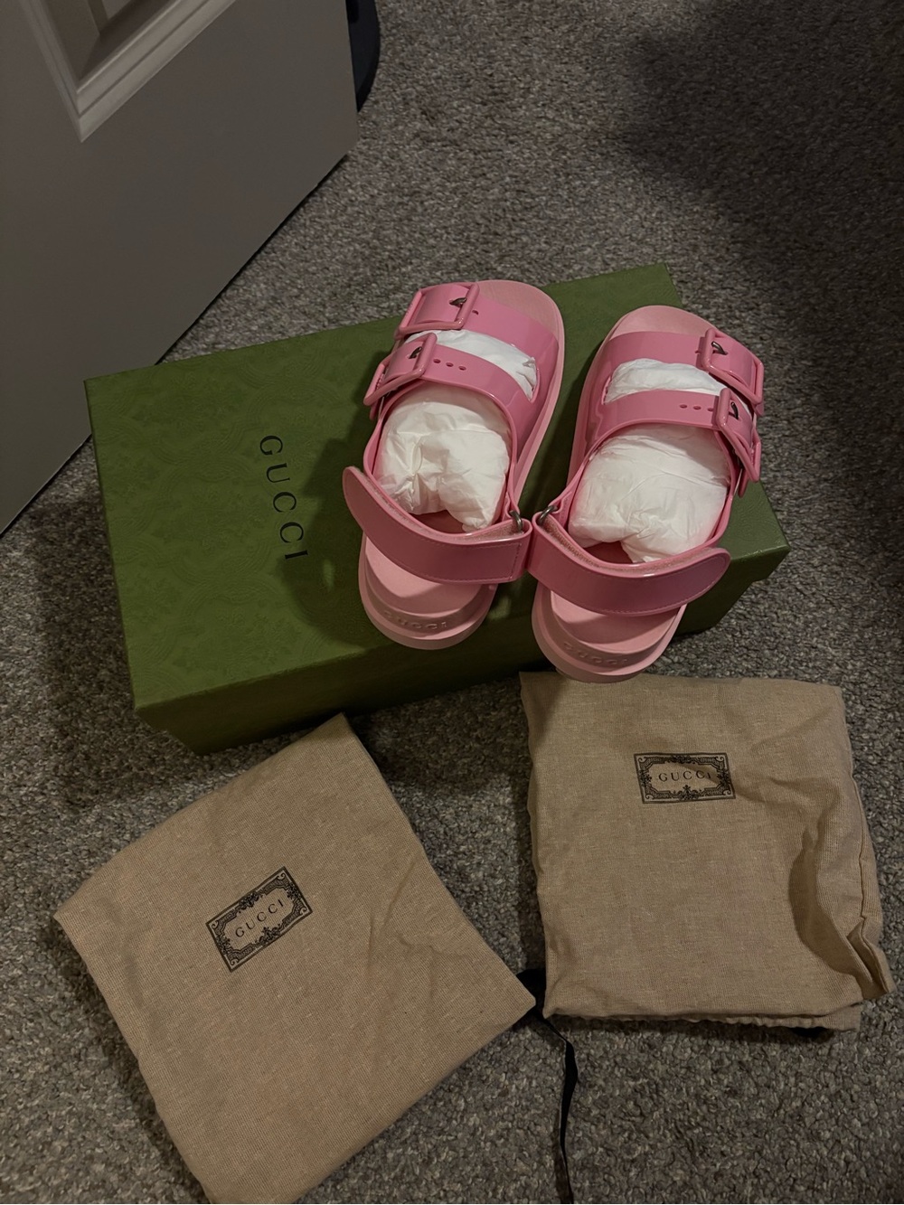 Gucci Pink Double-Buckle Sandals with Heel Strap